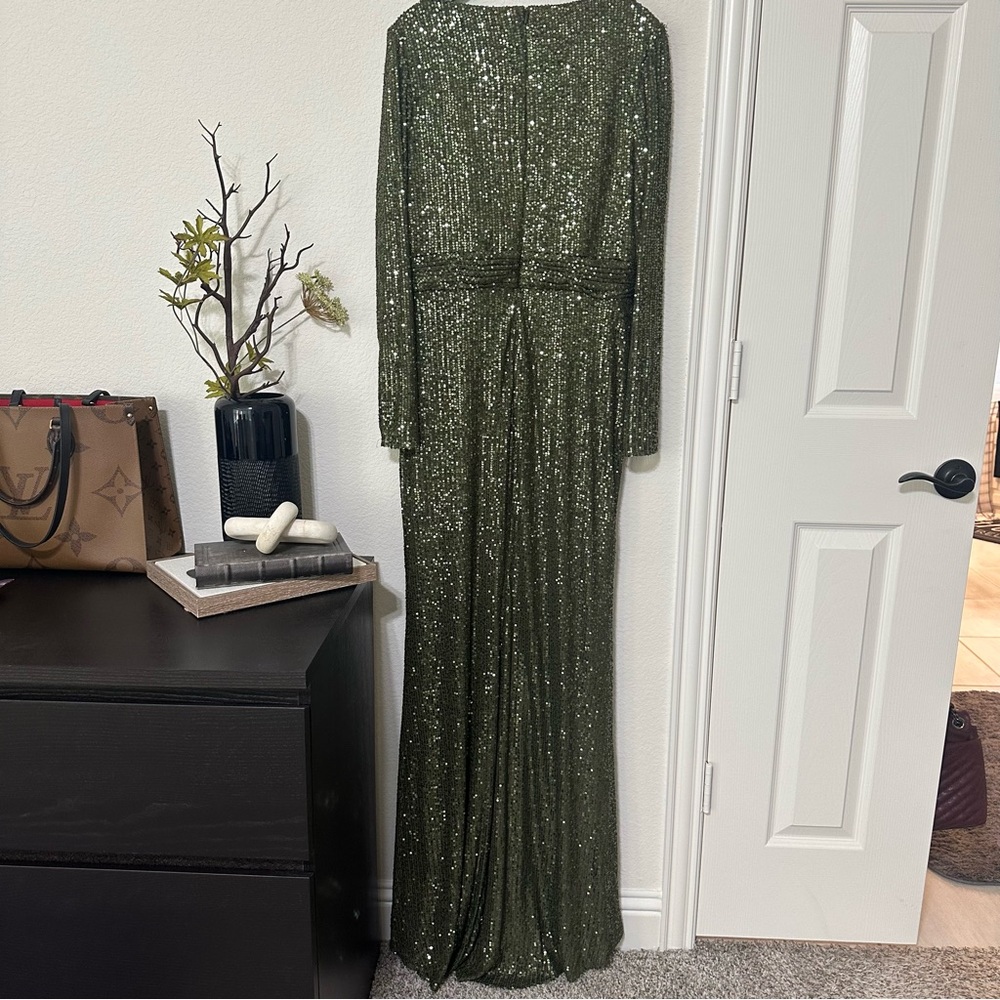NWT Ieena for Mac Duggal Sequin Long Sleeve Faux Wrap Gown - Picture 9 of 11